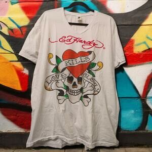 ED HARDY Love Kills Slowly Skull & Crossbones Rhinestone Luxury V Neck Shirt XL